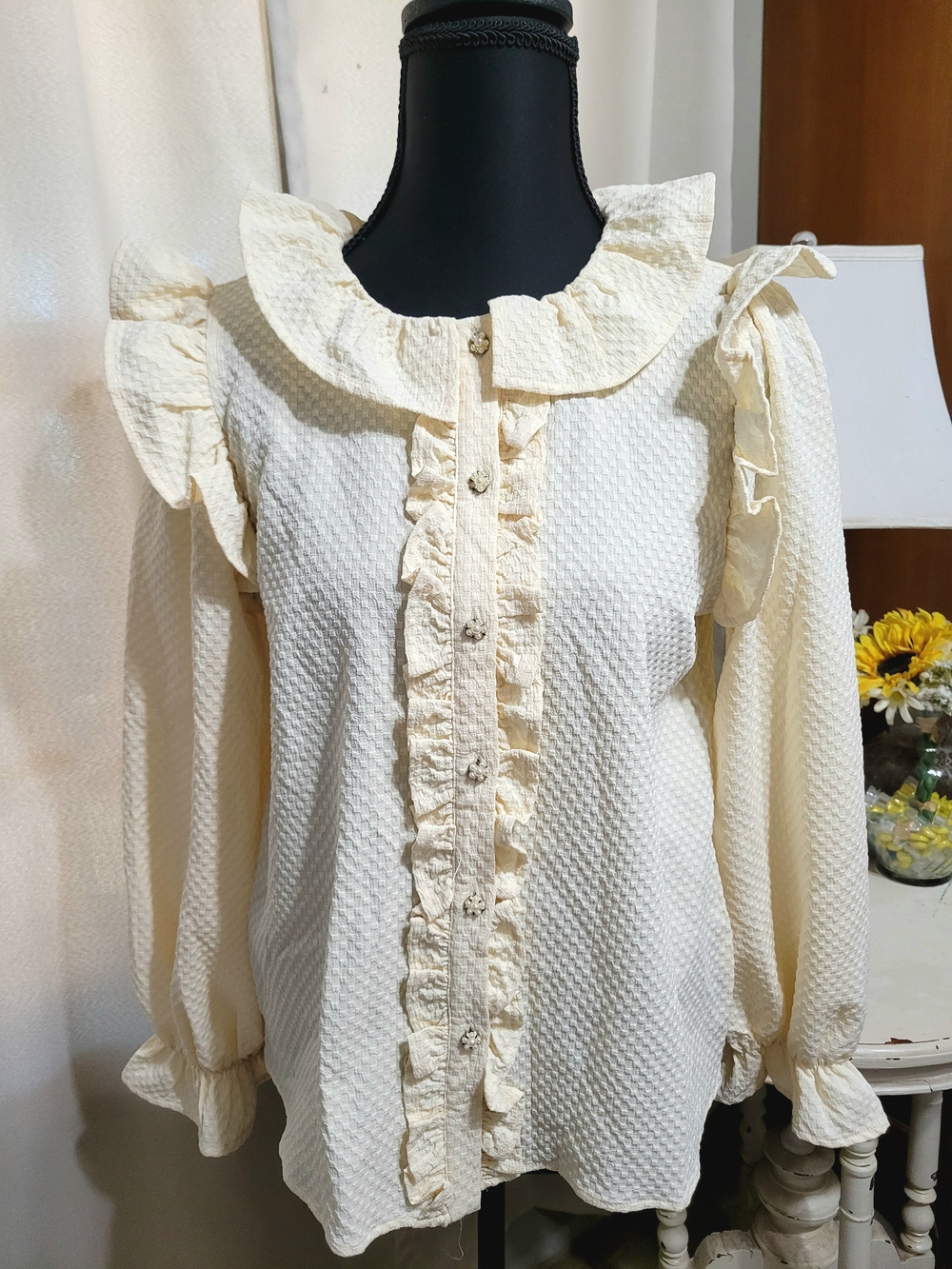 Alice Blue Cream Textured Ruffle Button-Down Blouse